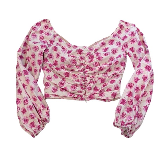 Zara Pink Floral Puff Sleeve Ruched Crop Top Size Small - Picture 3 of 4